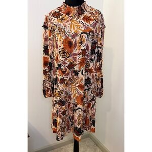 Oddi Womens Floral Paisley Smocked Mock Neck Tiered Mini Dress Orange Large